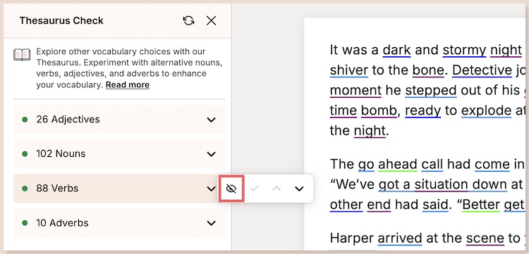 screenshot of prowritingaid thesaurus navigation, with eye symbol circled