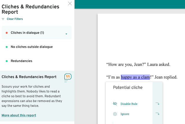 ProWritingAid clichés and redundancies report