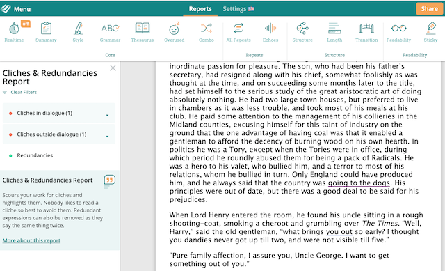 ProWritingAid's Cliche Report Screenshot