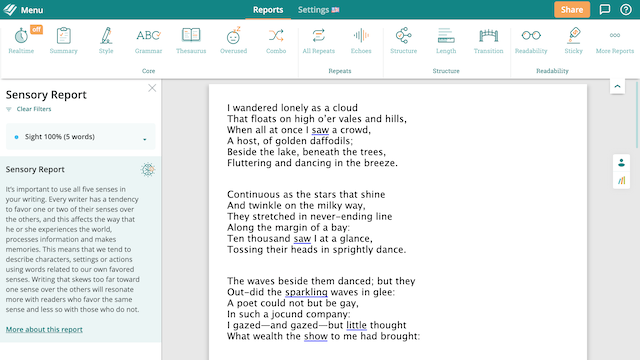 ProWritingAid's Sensory Check using "I wandered lonely as a cloud"