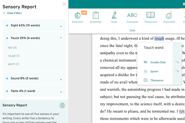 Screenshot Demonstrating Sensory Report