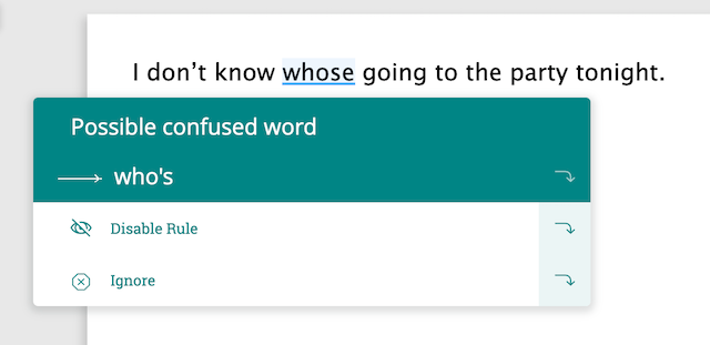 Screenshot of ProWritingAid correcting whose vs. who's