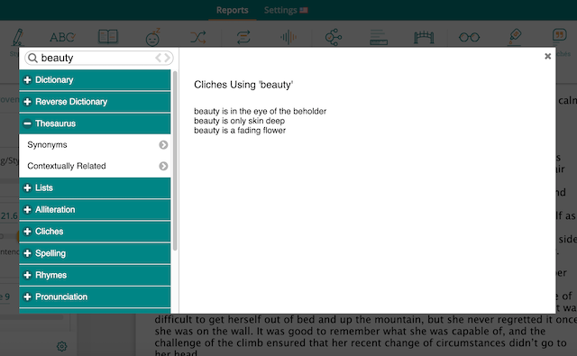 word explorer in prowritingaid showing cliches for the word beauty