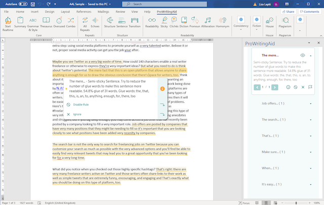 ProWritingAid Sticky Sentence Report