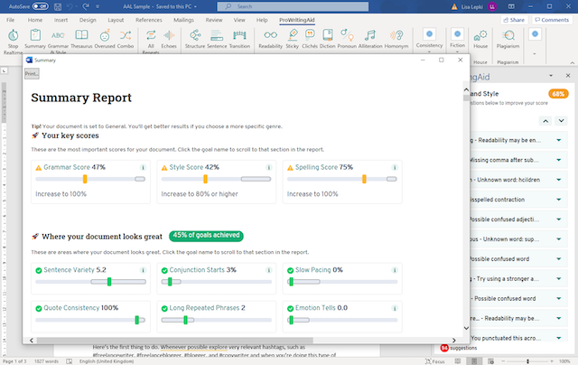 ProWritingAid Summary Report